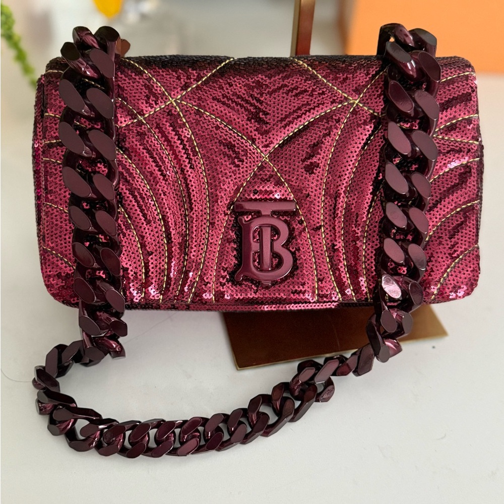 Burberry Lola Small Quilted Sequin Chain Shoulder Bag in Burgundy ~ EUC - Picture 2 of 14